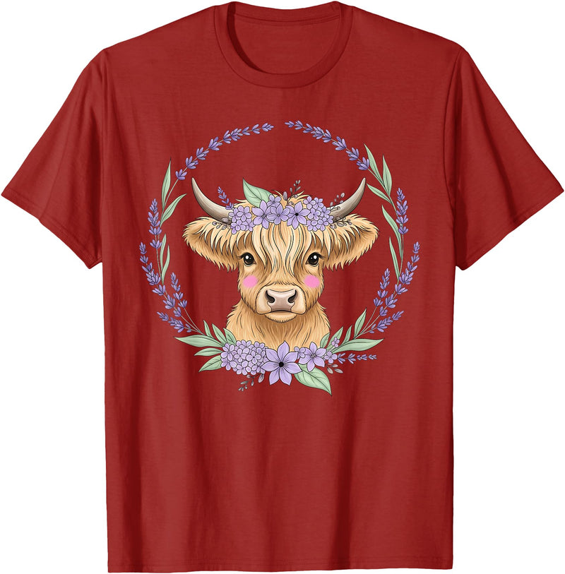 Unique Highland Cow Gifts Girls Cute Baby Highland Cow Design Purple Flowers Farm Toddler T-Shirt - Cranberry Red