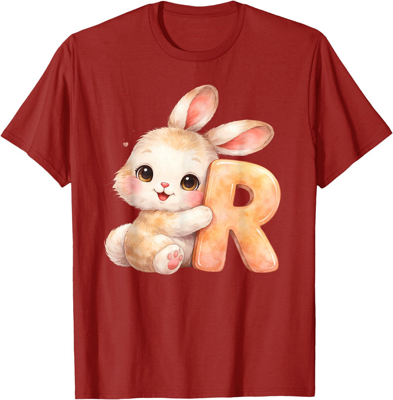 Letter R Rabbit Watercolor Cute Baby Animal Alphabet Initial T-Shirt in Cranberry Red