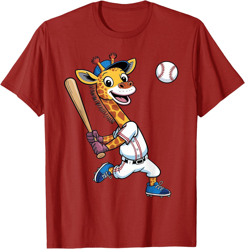 Giraffe Baseball Lover Giraffe Playing Baseball Boys Girls Kids Giraffe Animal T-Shirt - Cranberry Red