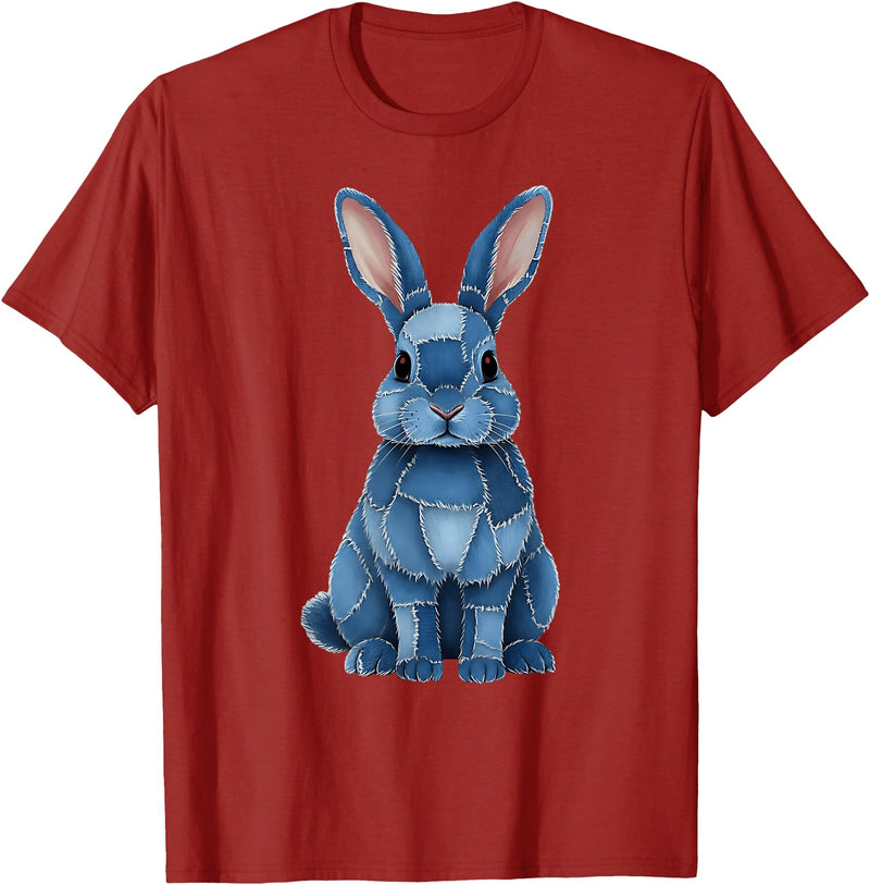 Funny Rabbit Bunny Easter Blue Denim Patchwork Style Animal T-Shirt in Cranberry Red