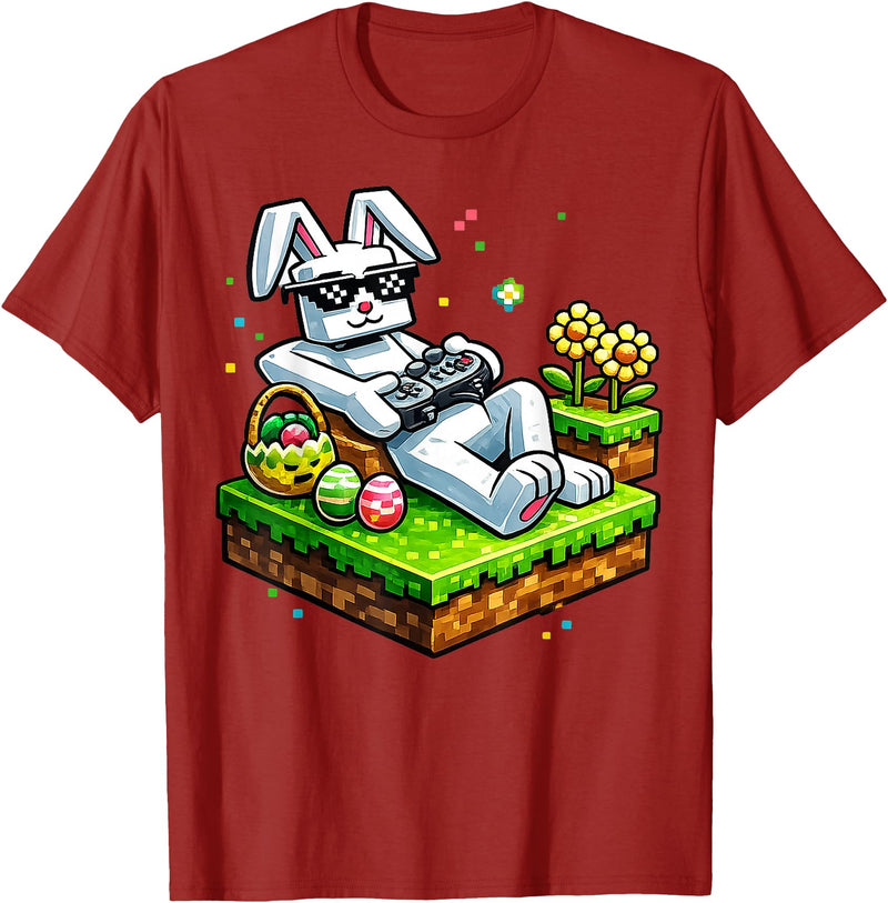 Bunny Happy Easter Day Egg Video Game Gift Men Boy Kid Gamer T-Shirt in Cranberry Red