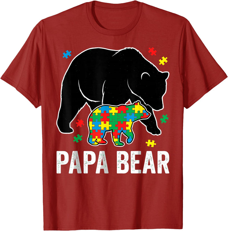 Autism Awareness Neurodiversity Support Apparel Papa Bear Autism Awareness Puzzle Neurodiversity Support T-Shirt - Cranberry Red