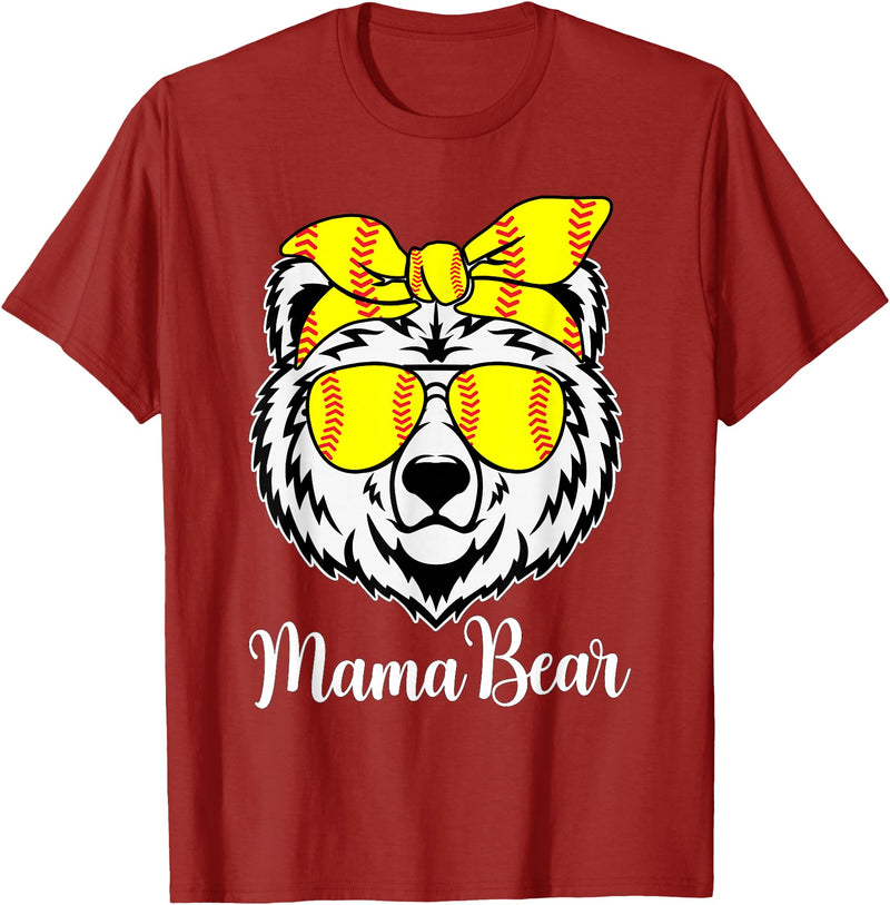 Mama Bear Face Apparel Softball Mama Bear With Sunglasses Bandana Momma Mothers Dy T-Shirt - Cranberry Red