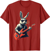 Rabbit Bunny Wearing Sunglasses Playing Guitar Musician T-Shirt in Cranberry Red
