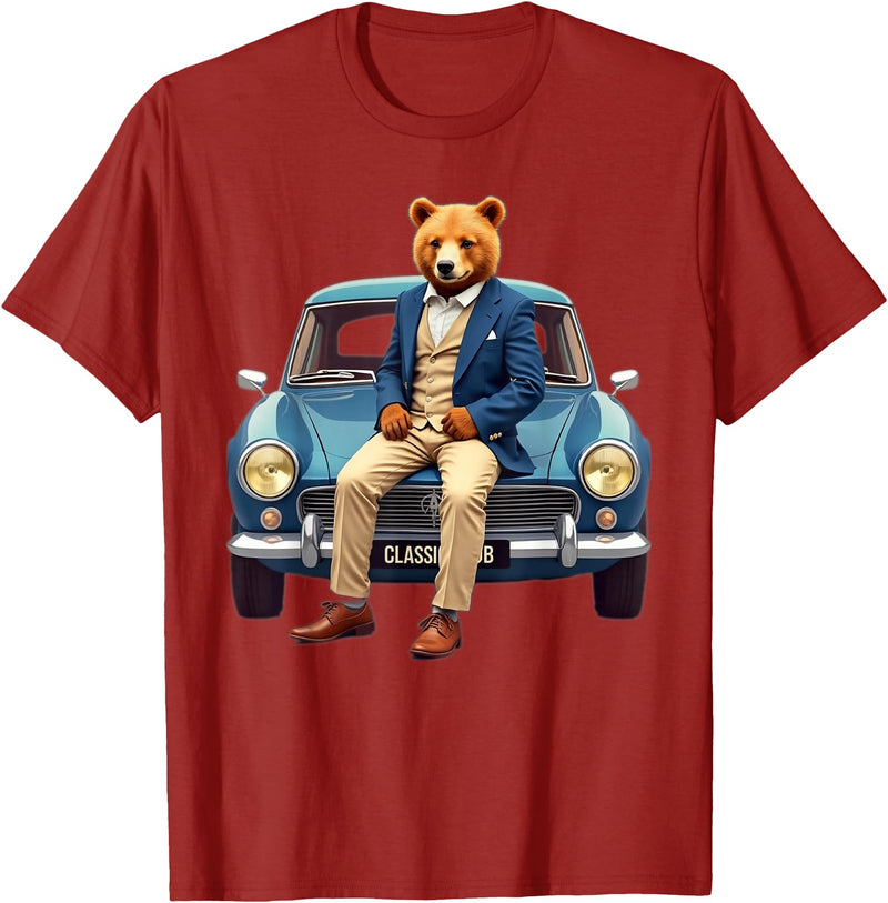Teddy Bear Classic Car Tees Enjoy Cool Teddy Bear With Classic Car Graphic Designs Fun T-Shirt - Cranberry Red