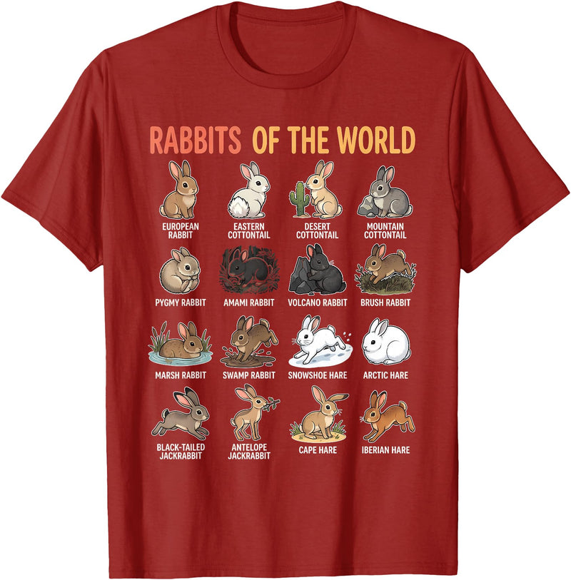 Rabbits of the World Species Educational Chart Bunny Types T-Shirt in Cranberry Red