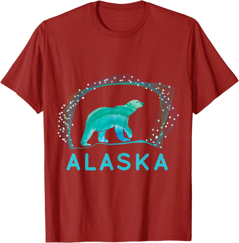 Funny Polar Bear Alaska Day Northern Light Gift Alaska Polar Bear with Polar Lights and Stars T-Shirt - Cranberry Red