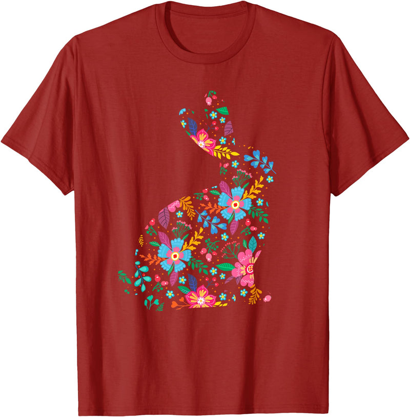 Floral Easter Women Girls Easter Bunny Spring Flowers Rabbit T-Shirt in Cranberry Red