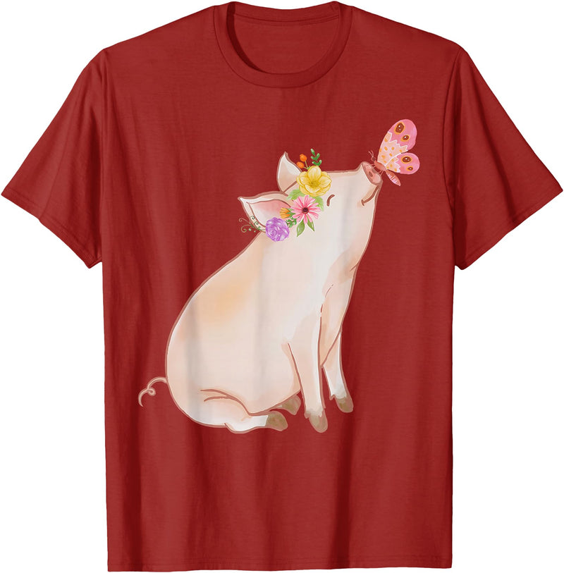 Watercolor Pink Pig With Floral And Butterfly Farm Design T-Shirt - Cranberry Red