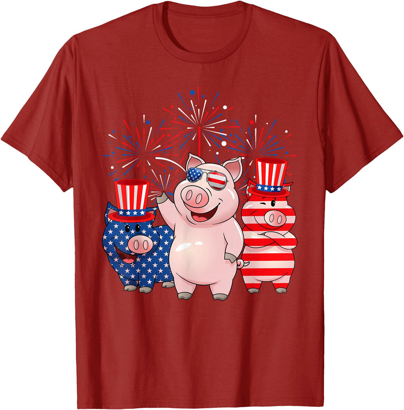 Ohia Three Patriotic Pigs USA Independence Day Tee Funny Red White Blue Pig American Flag Farmer 4th Of July T-Shirt - Cranberry Red