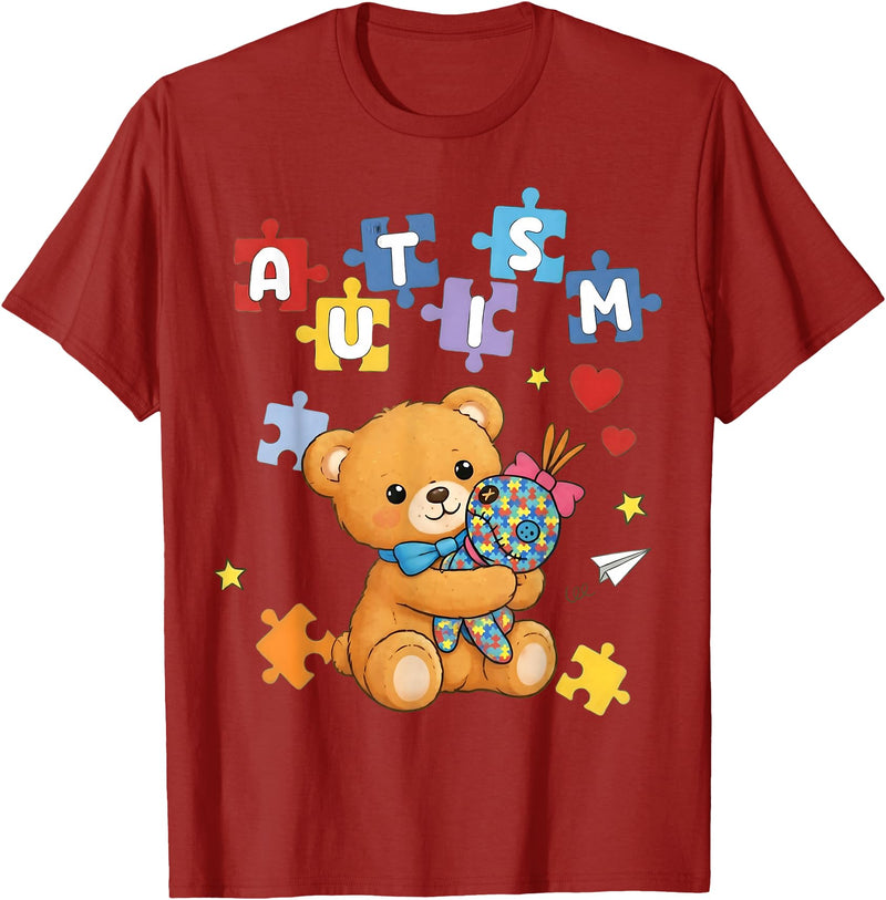 Cute Autism Awareness Puzzle Cute Autism Awareness Bear Colorful Puzzle T-Shirt - Cranberry Red