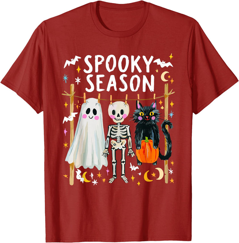Spooky Ghost Halloween Black Cat Holding Pumpkin Preppy Halloween Ghost Skeleton Black Cat Spooky Season T-Shirt - Cranberry