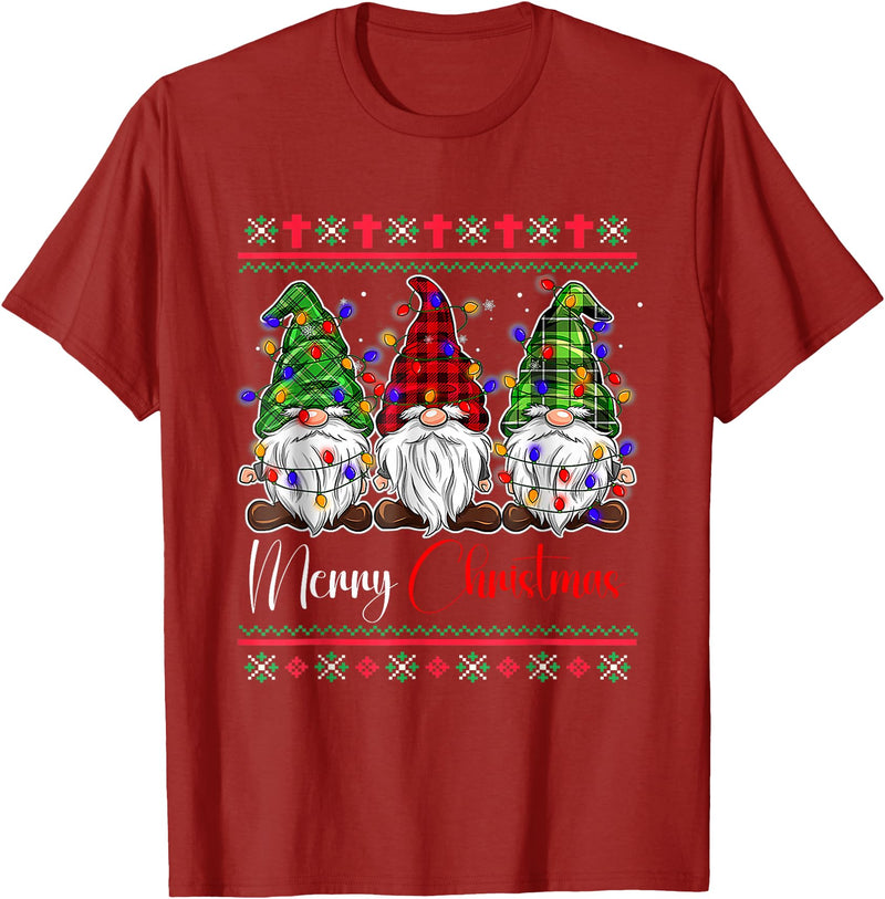 Xmas Lights Gnomes Holiday Graphics Merry Christmas Leopard Buffalo Red Plaid for Men Women T-Shirt - Cranberry Red
