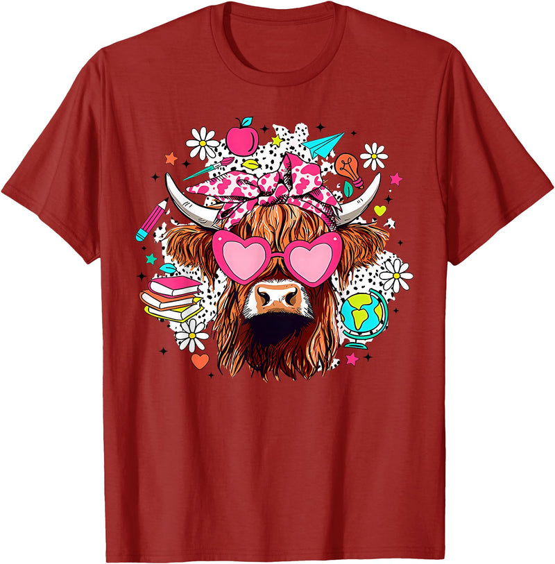 Cute Highland Cow Funny Teacher Life Retro Cute Highland Cow Teacher Bow Flower Heart Glasses T-Shirt - Cranberry Red