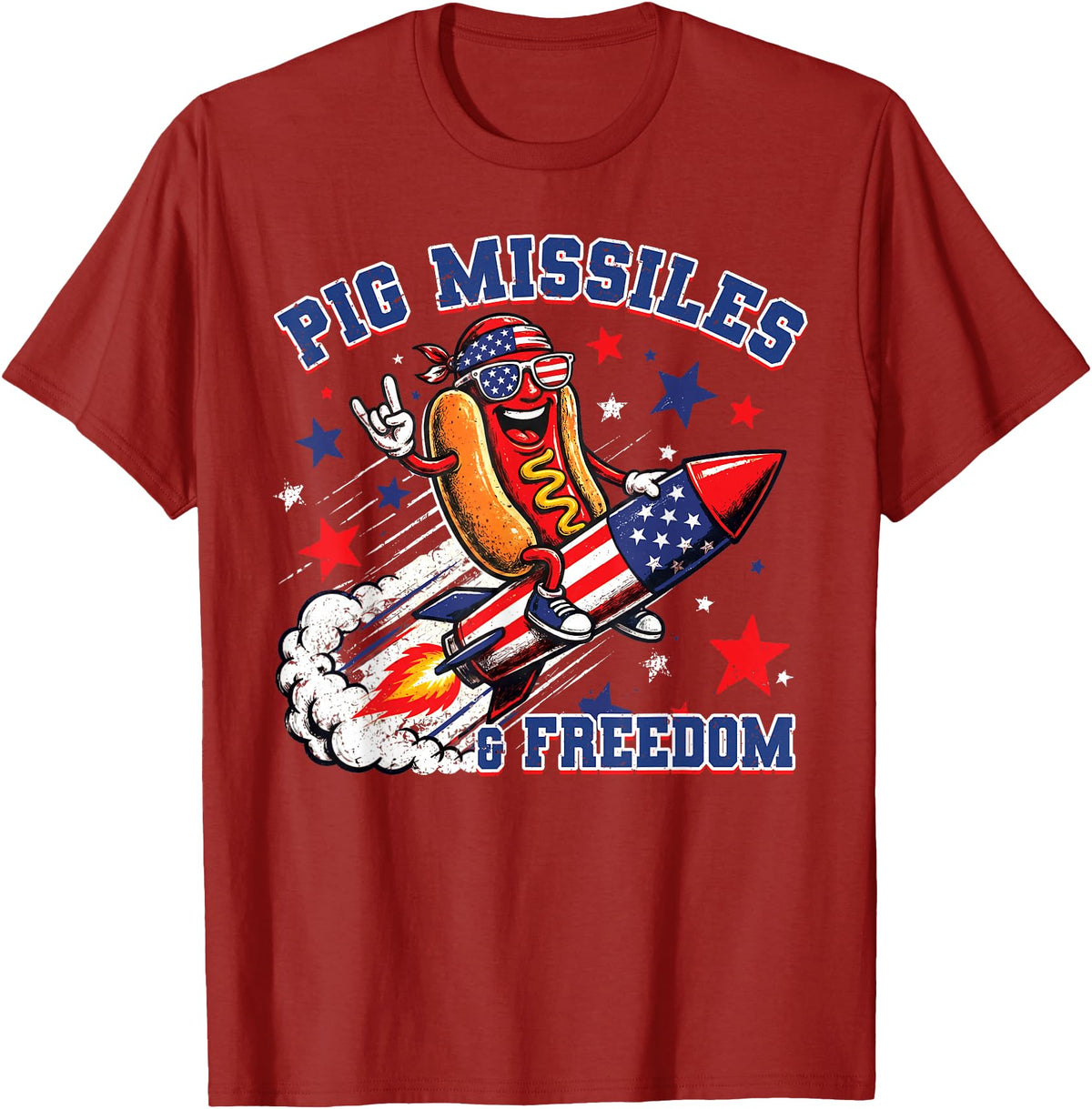 Pig Missiles and Freedom 4th of July Patriotic Hotdog T-Shirt - Cranberry Red