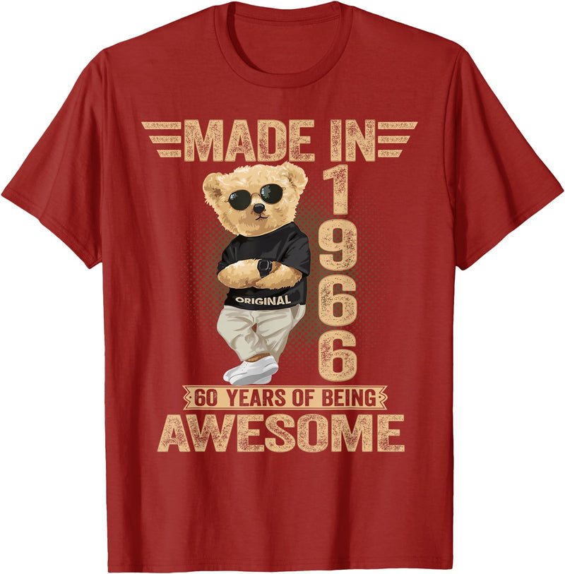 Vintage 60th Birthday 2026 Gifts Men Women 1966 60 Year Old Made in 1966 Teddy Bear 60th Birthday Men Women T-Shirt - Cranberry Red