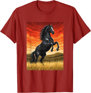 Horse Ranch Cowboy Western Equine Stallion Wy Black Horse Rearing Sunset Ranch Horse Art Print Wy T-Shirt - Cranberry Red
