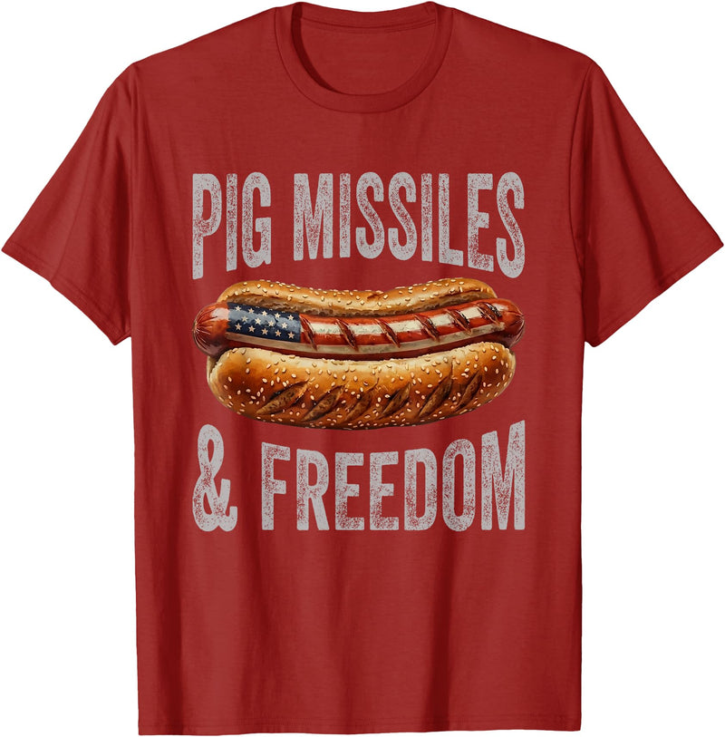 Pig Missiles Freedom 4th Of July Patriotic BBQ Tee Pig Missiles and Freedom Funny Patriotic Hotdog 4th July T-Shirt - Cranberry Red