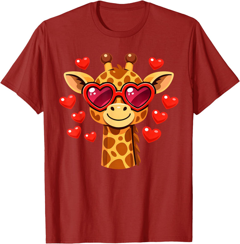 Funny Romantic Animal Cute Giraffe Heart Kawaii Giraffe Heart Glasses Valentine's Day Animal Lovers T-Shirt - Cranberry Red