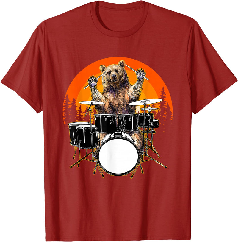 Drum Instrument Drummer Apparel Musical Animal Bear Playing Drums For Drum Lover And Musical Drummer Lover T-Shirt - Cranberry Red