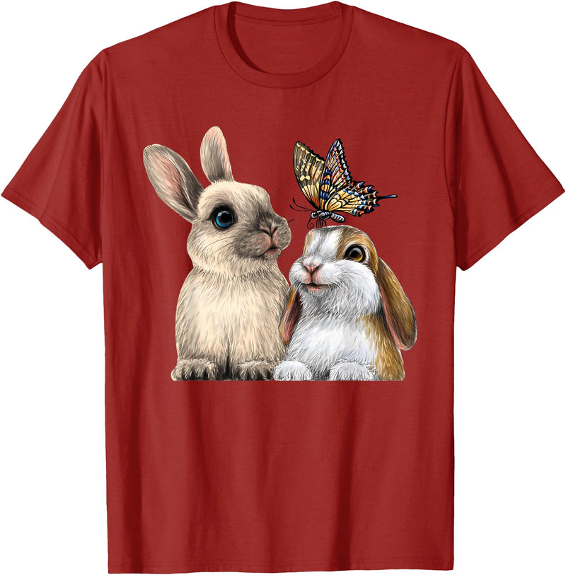 Two Cute Little Rabbits with a Butterfly for Lovers Bunny T-Shirt in Cranberry Red