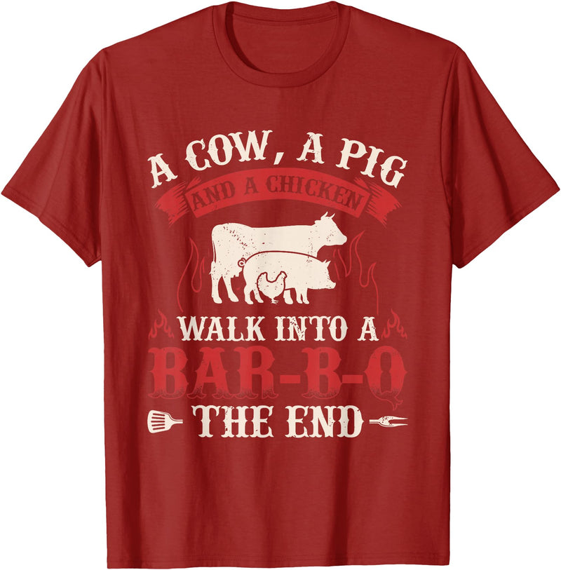 Funny Barbecue Lover Gifts & BBQ Fan Outfits Funny Barbecue Cow Pig Chicken Graphic Meat Smoking BBQ T-Shirt - Cranberry Red