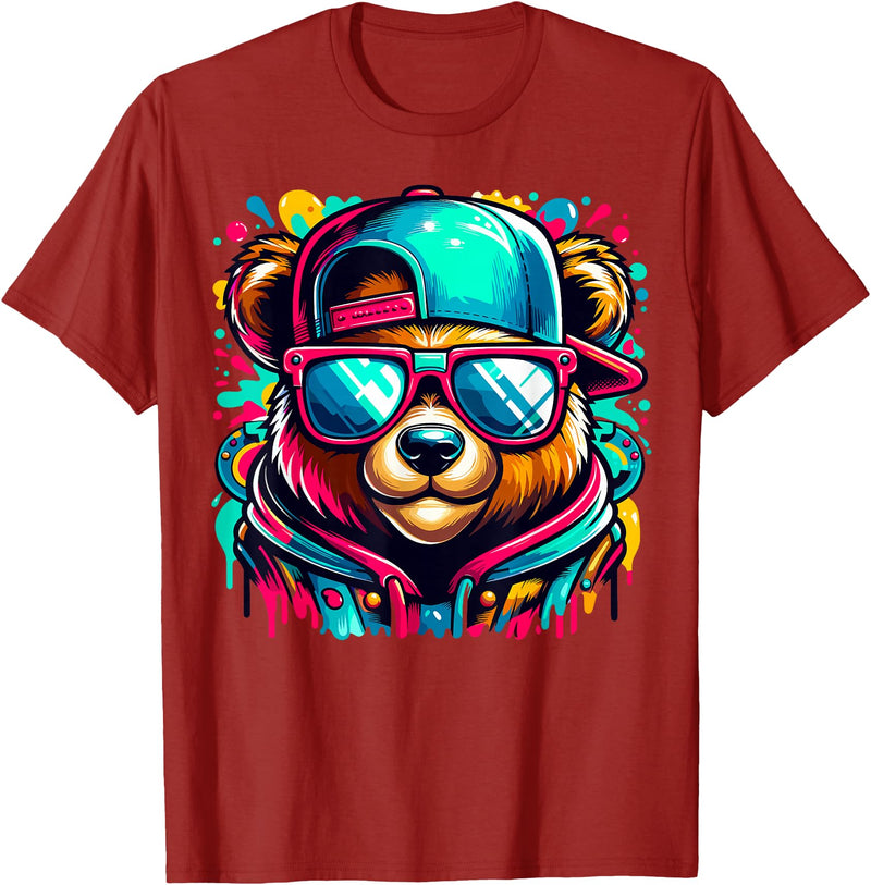 Funny Teddy Bear Lovers Colorful Hip Hop Teddy Bear Sunglasses Rap Music T-Shirt - Cranberry Red