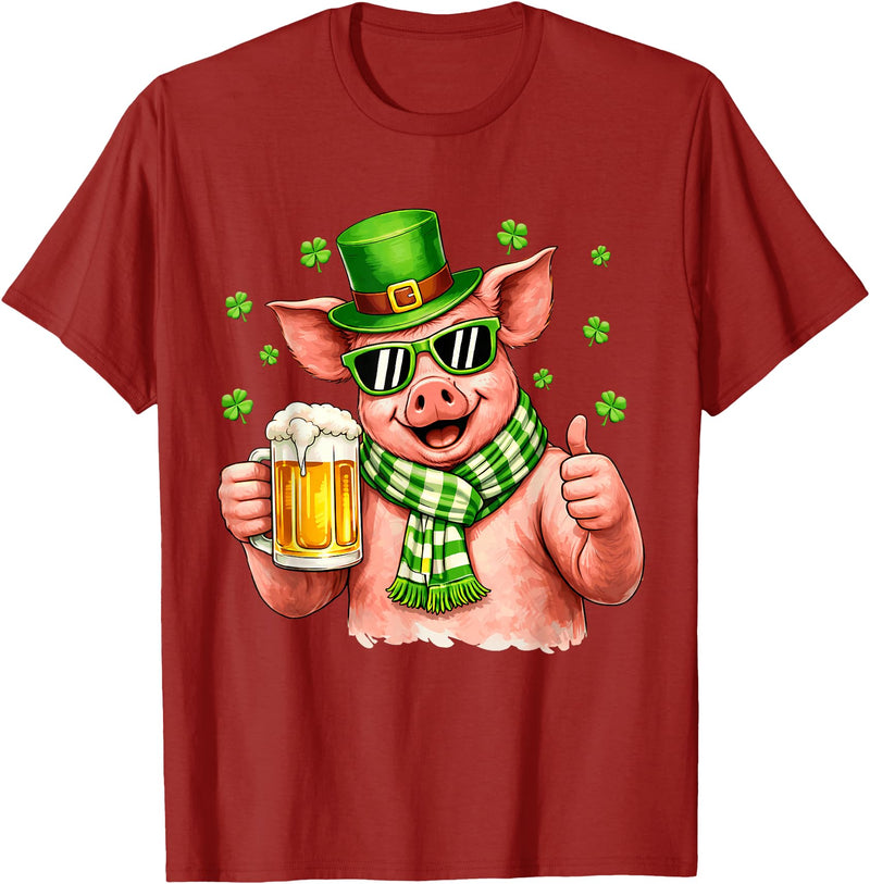 Amt Pig & Drinking Beer Lovers Saint Patrick's Day Funny Pig Drinking Beer Leprechaun Shamrocks St Patricks Day T-Shirt - Cranberry Red