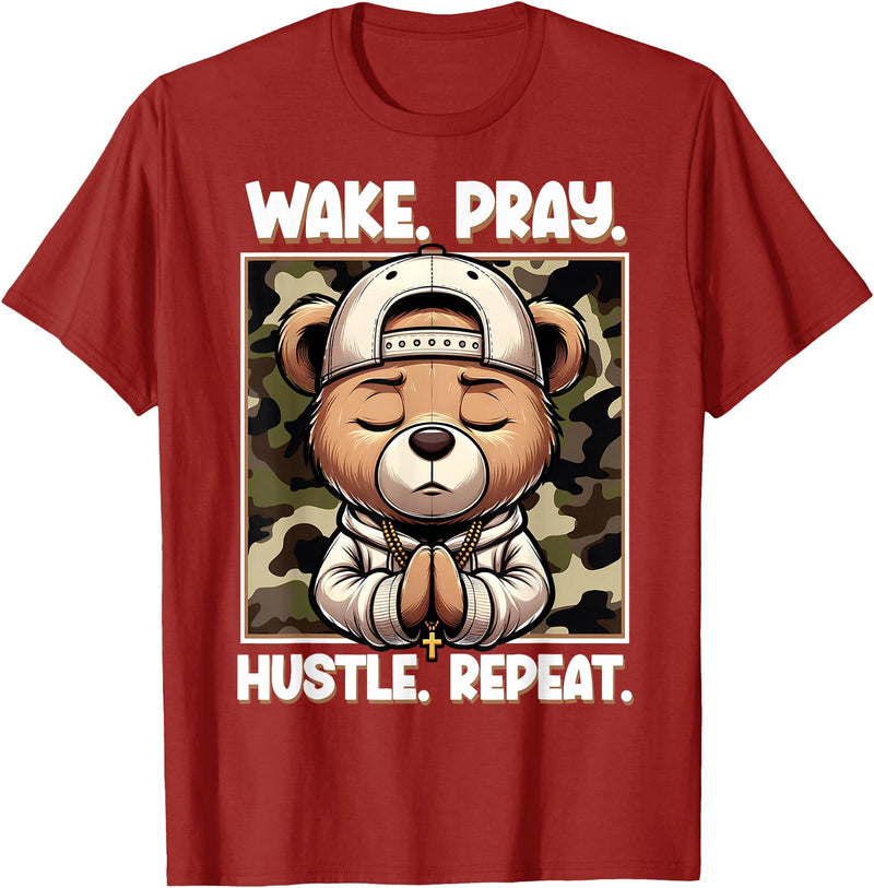 Camouflage Hip Hop Teddy Bear Hustle Grind Designs Wake Pray Hustle Repeat Hip Hop Teddy Bear Boys Teens Camo T-Shirt - Cranberry Red