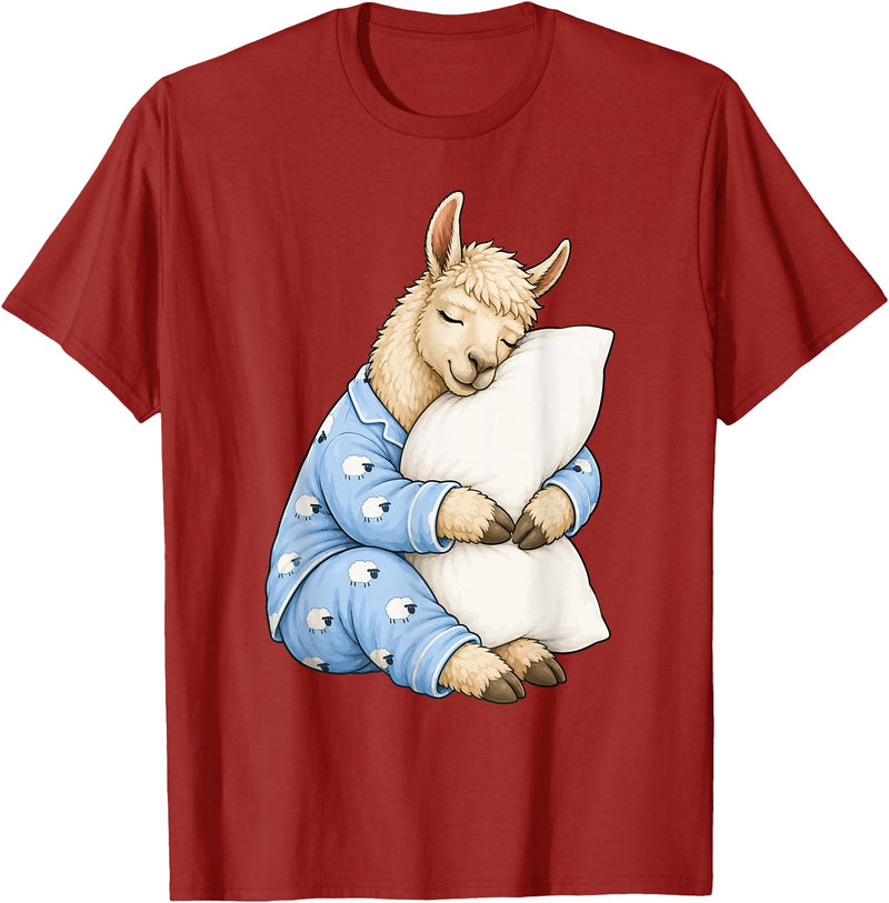 Funny Sleepy Llama Animal Lovers Pajama Llama Sleeping in Cute Pajamas Sleep T-Shirt - Cranberry Red