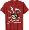 Funny Pirate Skull and Crossbones Avast Ye Bunnies Easter T-Shirt in Cranberry Red