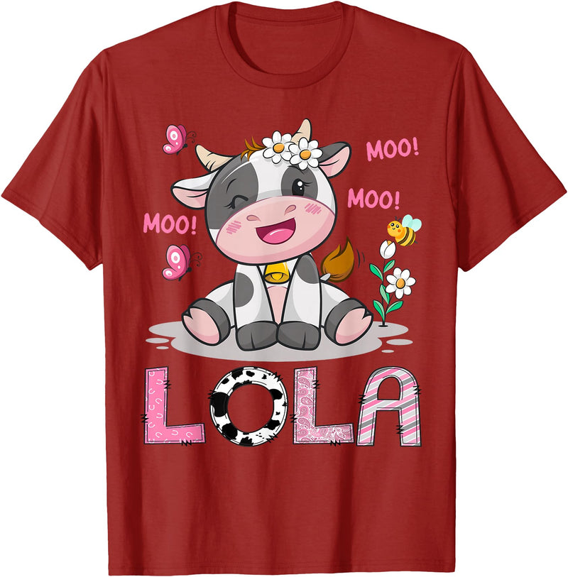 Birthday Girl Party Cow Lover Lola Cute Cow Moo Moo Farmer Birthday Girl Matching T-Shirt - Cranberry Red