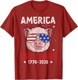 Pig Face 4th of July 1776-2026 Anniversary 250th Pig Sunglasses American Flag America 250 Years Tee 250yr Tee T-Shirt - Cranberry Red
