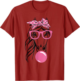 Funny Horses Lover Ladies Cute Horse Bandana Headband Glasses T-Shirt - Cranberry Red