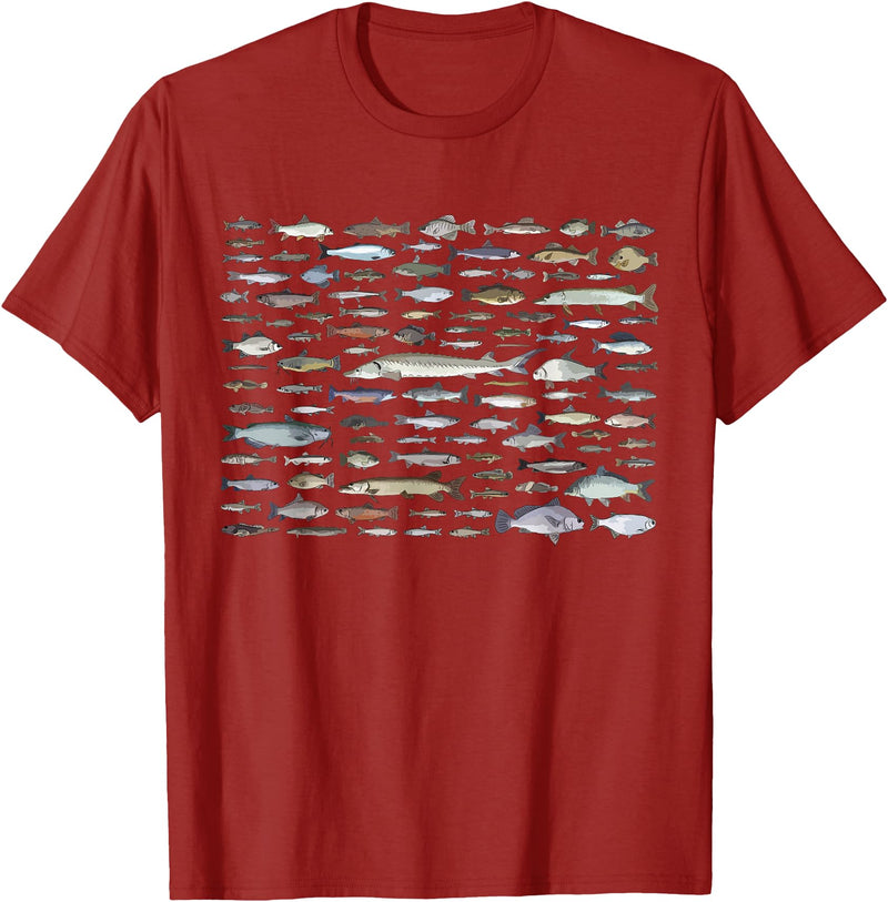 100 Types Of Fish Species Tee 100 Types of Freshwater Fish Species Fishing T-Shirt - Cranberry Red