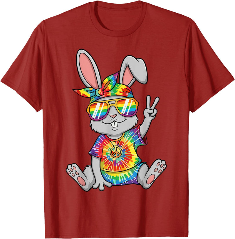 Hippie Tie Dye Rabbit Peace Sign T-Shirt in Cranberry Red