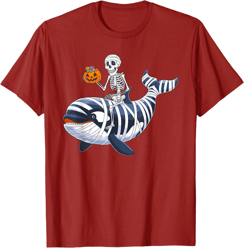 Orca Skeleton Halloween Whale Apparel Co. Skeleton Riding Mummy Orca Halloween Candy Whale T-Shirt - Cranberry Red
