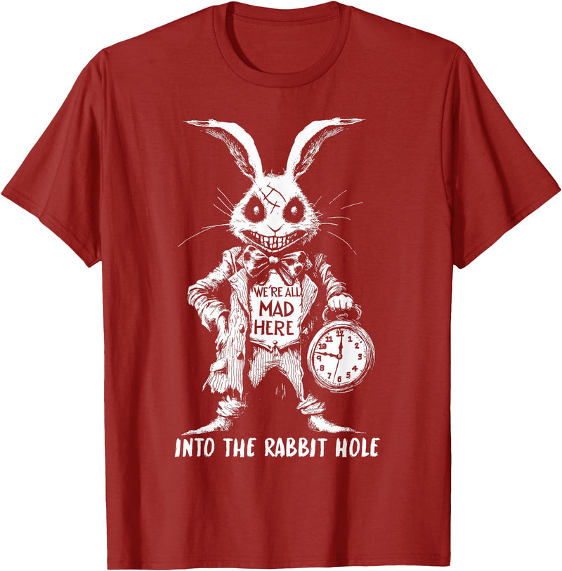 The Creepy White Rabbit in Wonderland Horror Fantasy Art T-Shirt in Cranberry Red