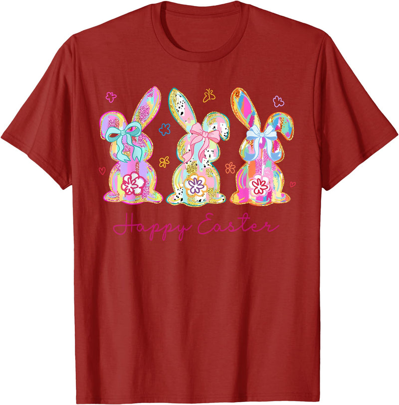 Funny Bunny Three Rabbits Eggs Happy Easter Tie Dye Trendy T-Shirt in Cranberry Red