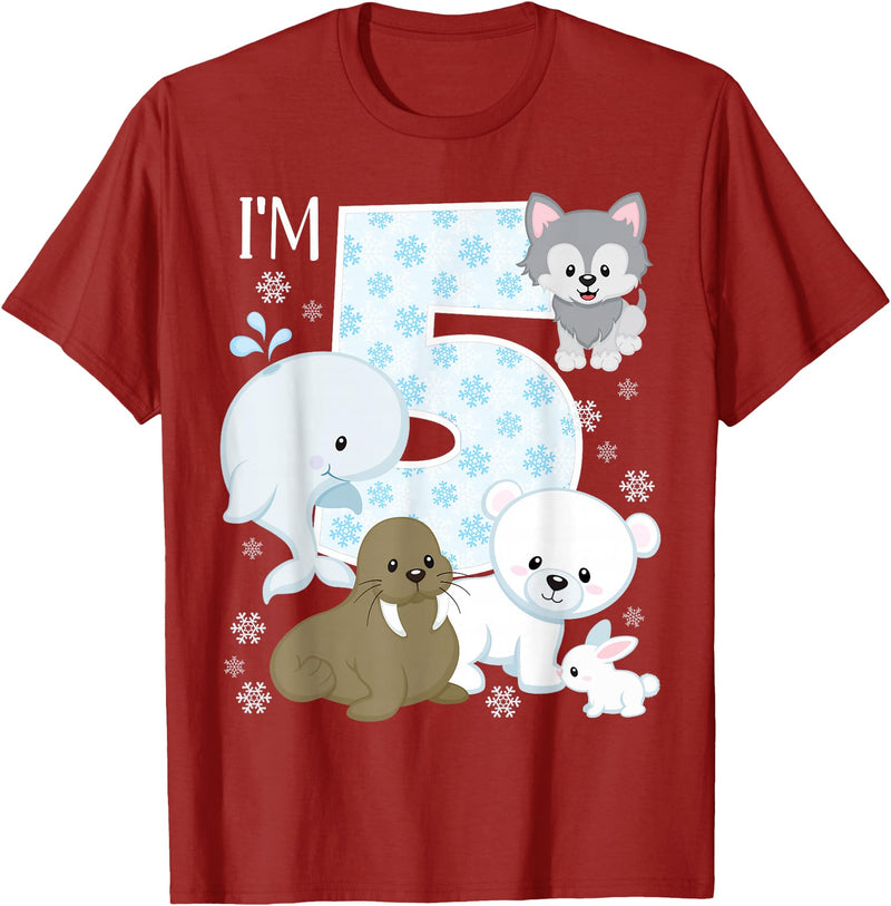 Arctic Animals Birthday Party Family Matching Bday Arctic Animals 5th Birthday Polar Bear Walrus Fox Sea Theme T-Shirt - Cranberry Red