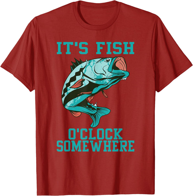 Funny Fishing Vintage It's Fish O'clock Somewhere Funny Fishing It's Fish O'clock Somewhere Cool Fisherman Dad T-Shirt - Cranberry Red