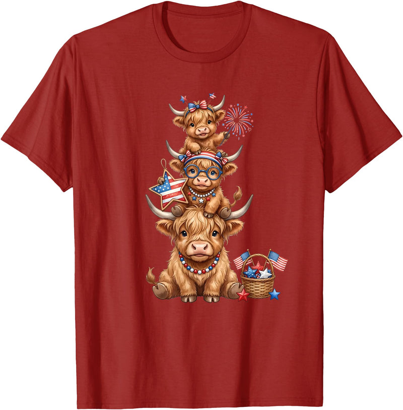 Funny 4th Of July Highland Cow Apparel Cute Highland Cow 4th of July Patriotic American Flag T-Shirt - Cranberry Red