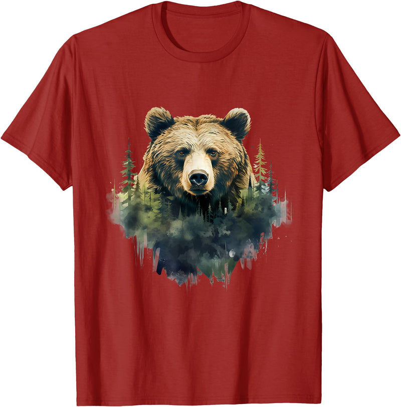 Bear Forest Animal Art Portrait Forest Artwork Wildlife T-Shirt - Cranberry Red
