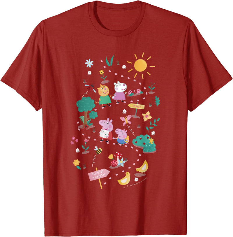 Peppa Pig Follow The Path To The Forest Group Shot T-Shirt - Cranberry Red