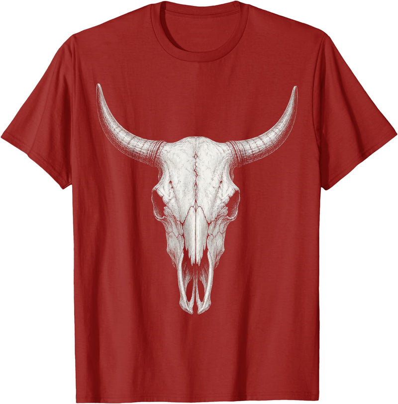 Country Western Rodeo Clothing Co. Vintage Bull Skull Western Cow Skull Longhorn Cattle Sketch T-Shirt - Cranberry Red