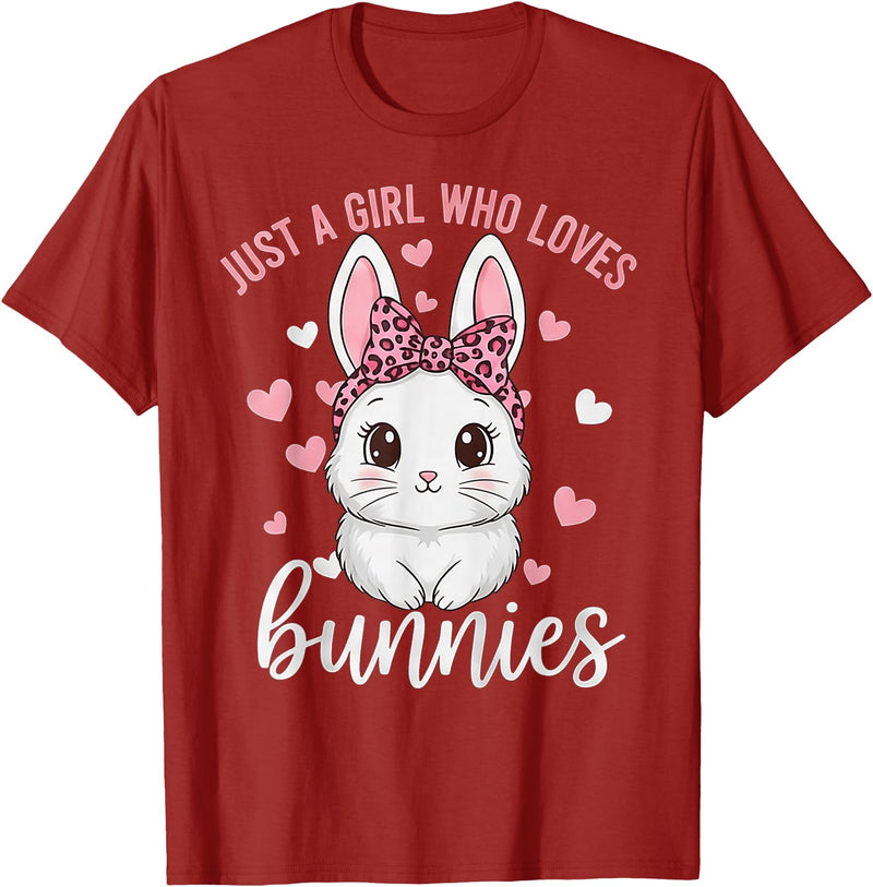 Cute Bunny Rabbit Girls Kids Just a Girl Who Loves Bunnies T-Shirt in Cranberry Red