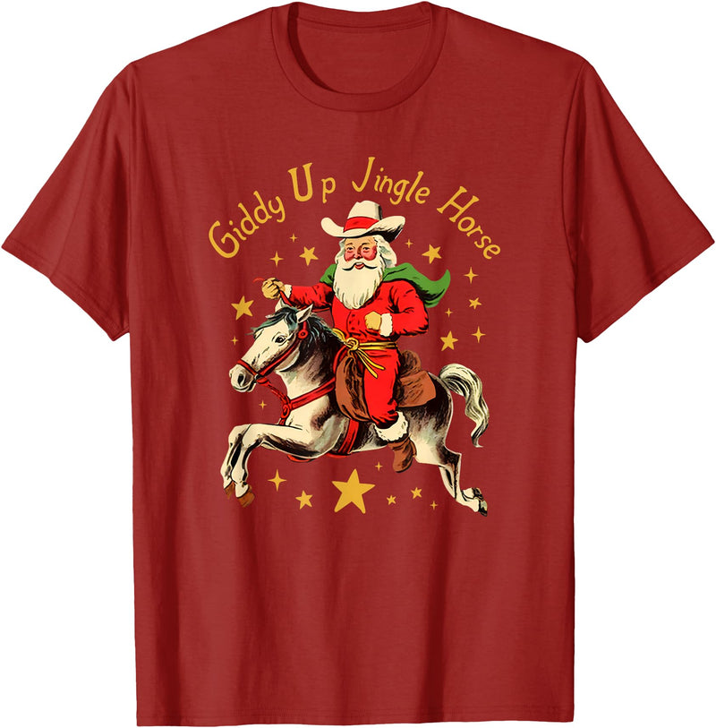 SuminSusi Funny Christmas Giddy Up Jingle Horse Unisex T-Shirt for Men, Women - Black, Small, Short Sleeve, Classic Fit, Polyester, Crew Neck, Cartoon, Fun, Christmas, Adults - Cranberry Red