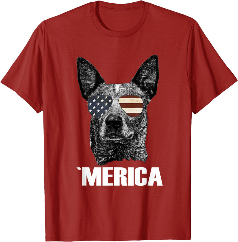 Australian Cattle Dog Patriotic Tee Gifts Merica Australian Cattle Dog with USA Flag Sunglasses Gift T-Shirt - Cranberry Red