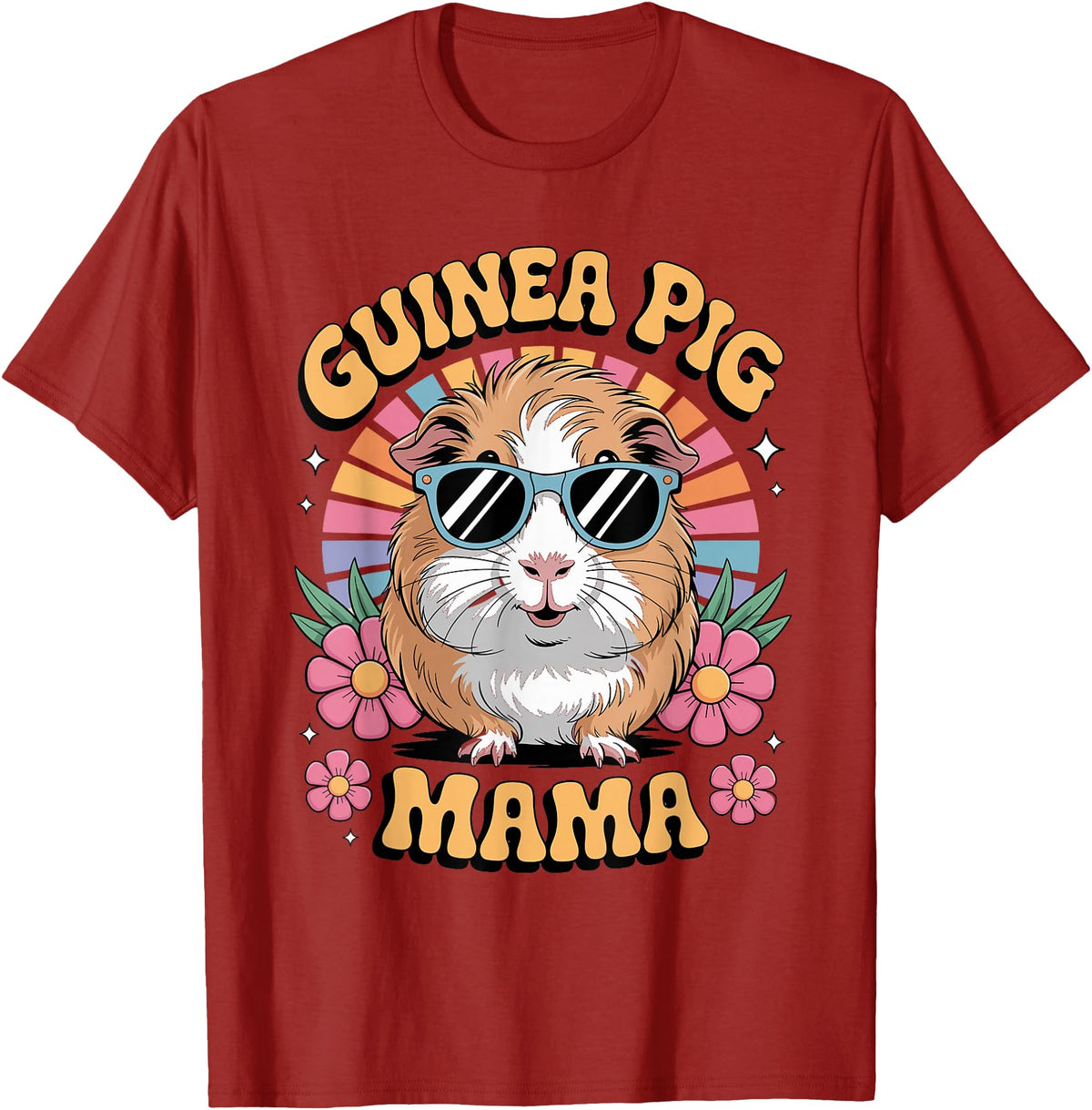 Guinea Pig Rodents Lover Mom Mother'S Day Guinea Pig Mama Floral Vintage 60s 70s Sunglasses T-Shirt - Cranberry Red
