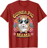 Guinea Pig Rodents Lover Mom Mother'S Day Guinea Pig Mama Floral Vintage 60s 70s Sunglasses T-Shirt - Cranberry Red